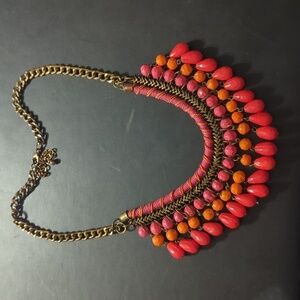 Gold Tone Pink Orange Red Beaded Chain Bib Style Statement Necklace